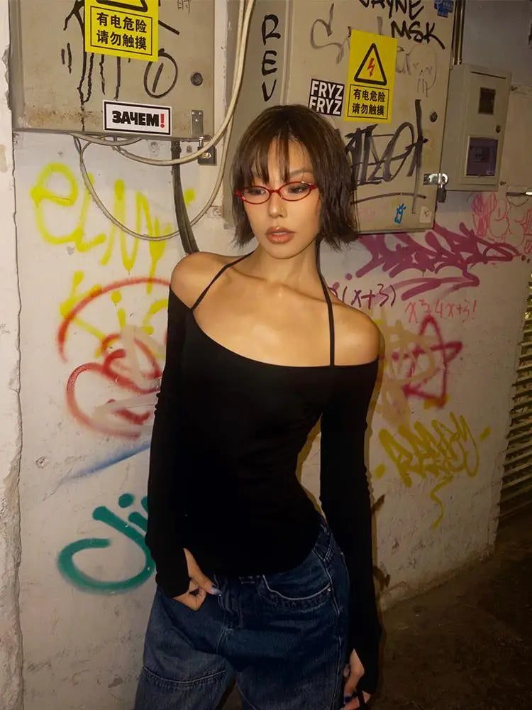 Y2K NECK TIE OFF SHOULDER TOP