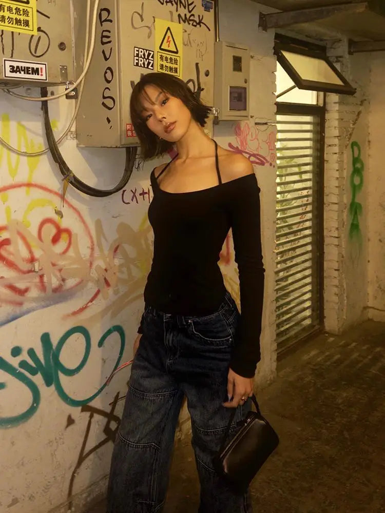 Y2K NECK TIE OFF SHOULDER TOP