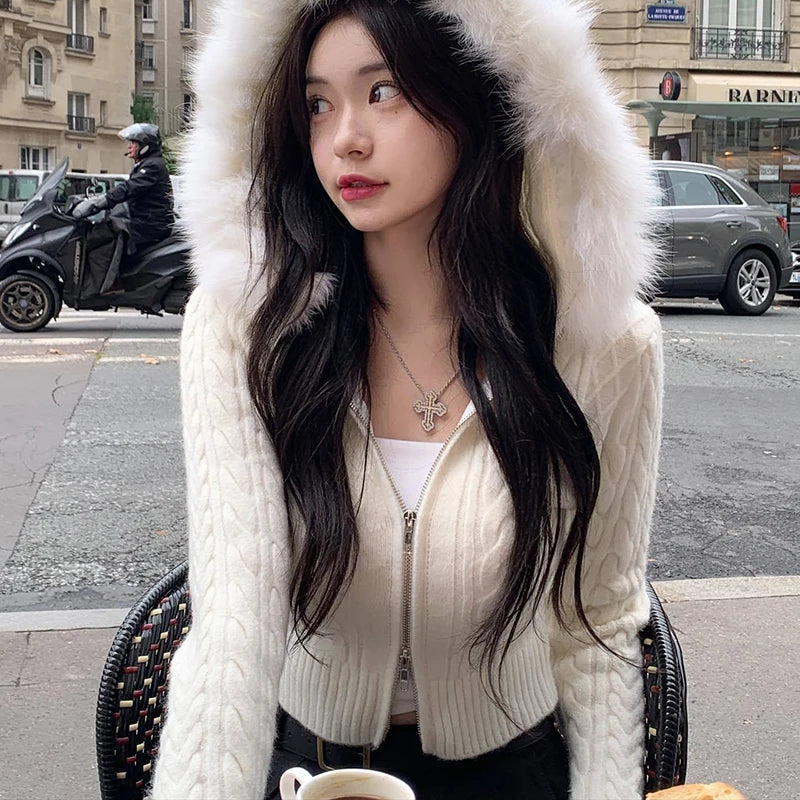 Y2K FAUX FUR HOODED KNITTED CARDIGAN