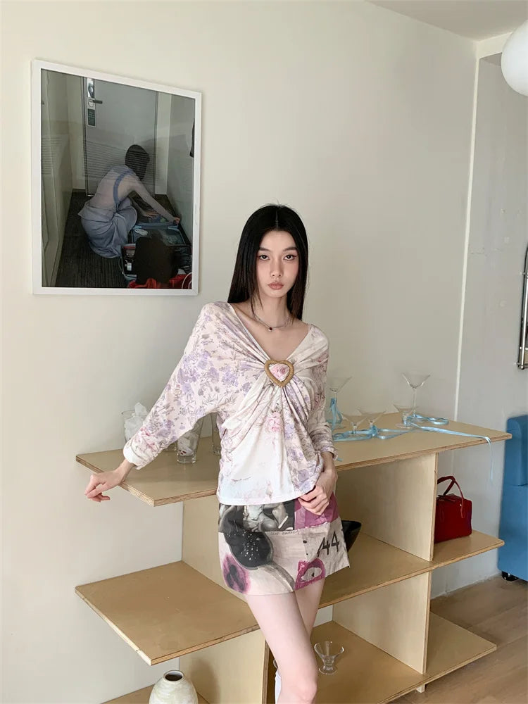 Y2K FLORAL V NECK TOP