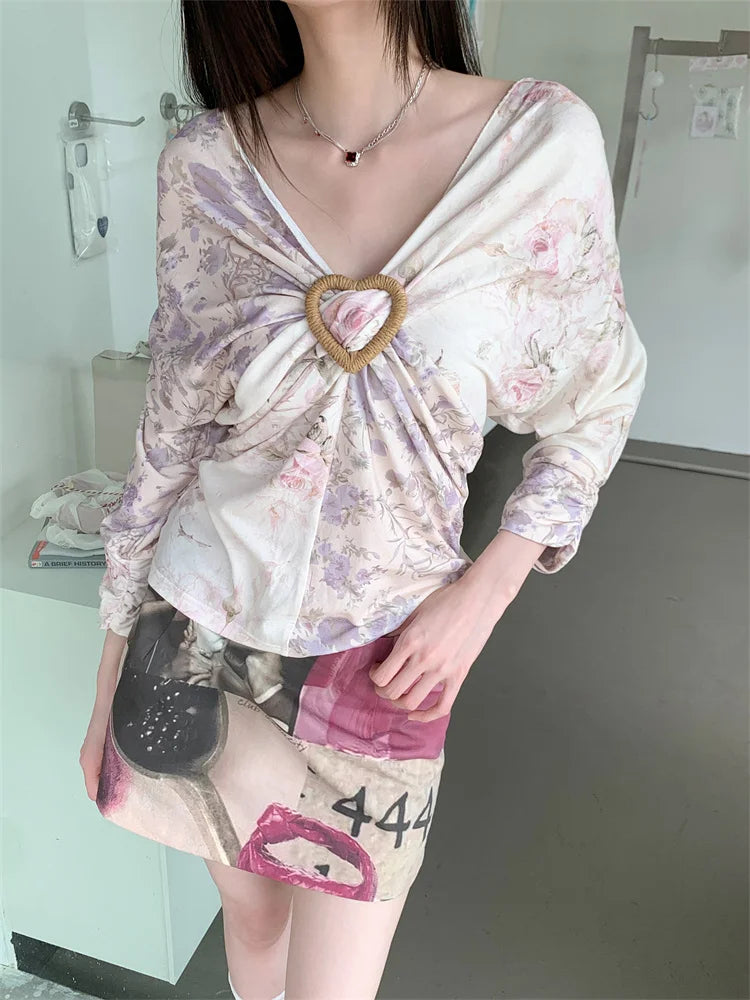 Y2K FLORAL V NECK TOP