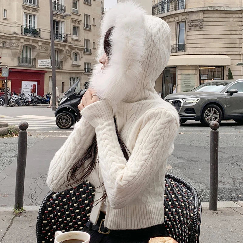 Y2K FAUX FUR HOODED KNITTED CARDIGAN