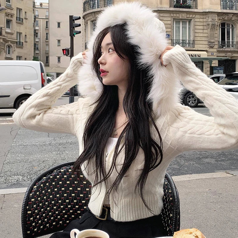Y2K FAUX FUR HOODED KNITTED CARDIGAN
