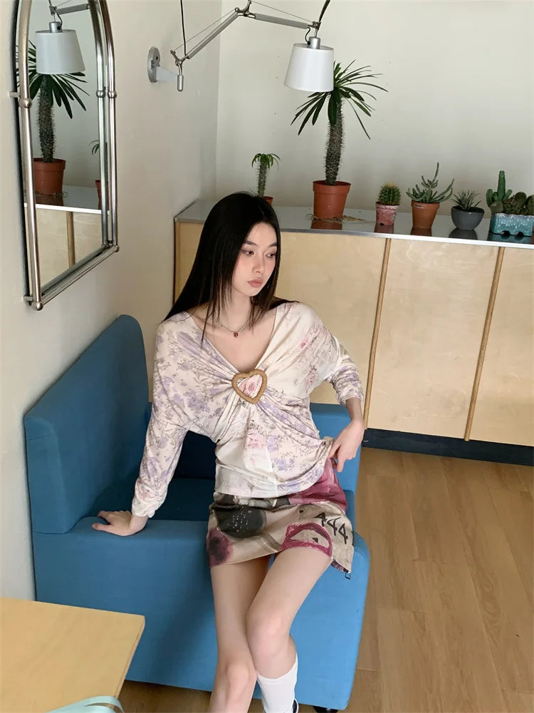Y2K FLORAL V NECK TOP