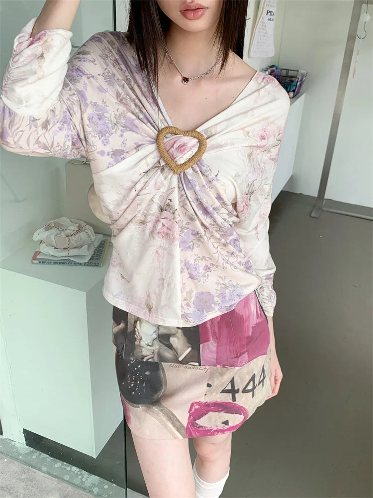 Y2K FLORAL V NECK TOP