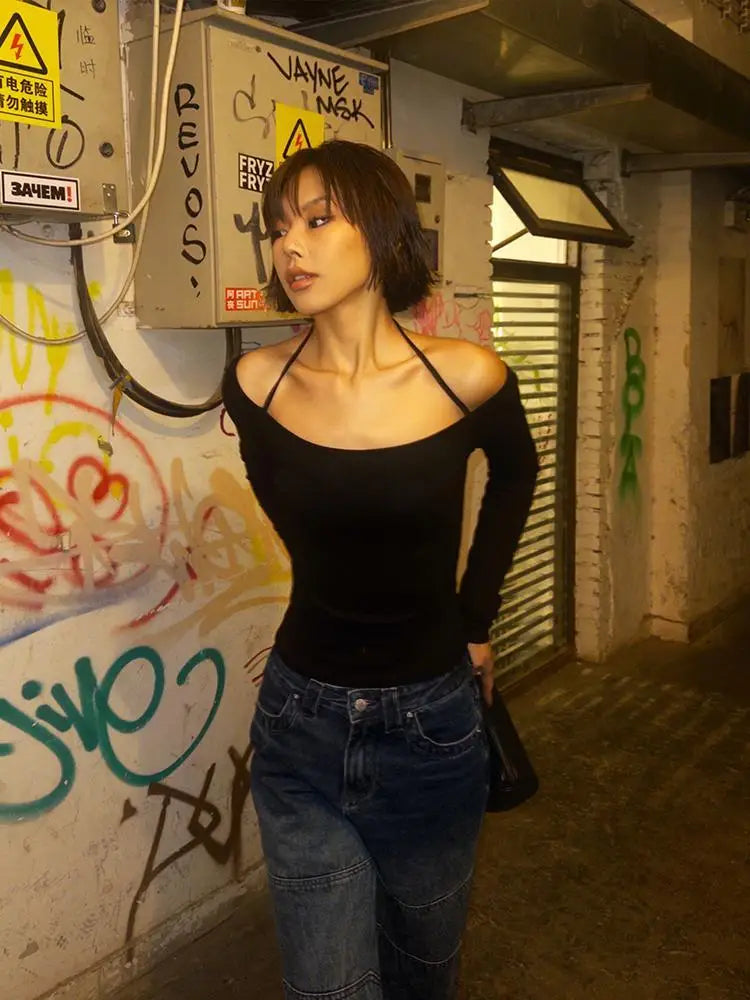 Y2K NECK TIE OFF SHOULDER TOP