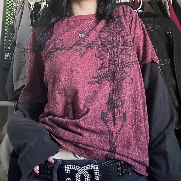 Y2K GRUNGE CROSS LAYERED TOP