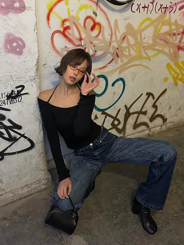 Y2K NECK TIE OFF SHOULDER TOP
