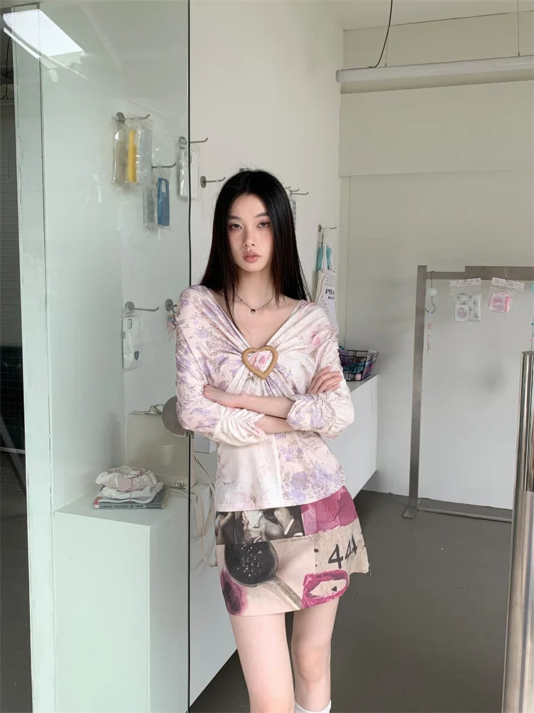 Y2K FLORAL V NECK TOP