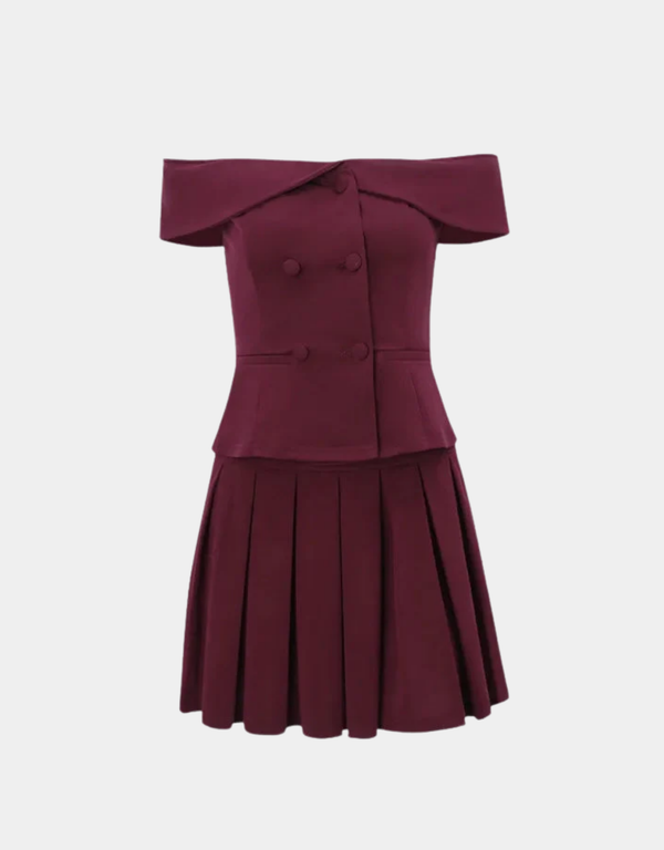 Y2K OFF SHOULDER TOP & PLEATED MINI SKIRT TWO PIECE SET