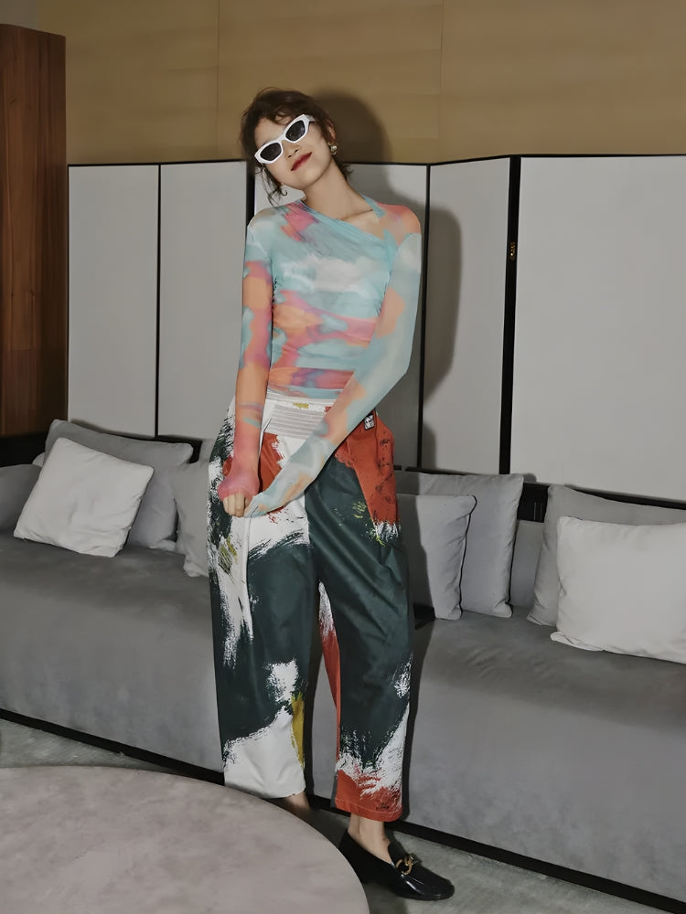 Y2K ASYMMETRIC NECKLINE MESH TOP