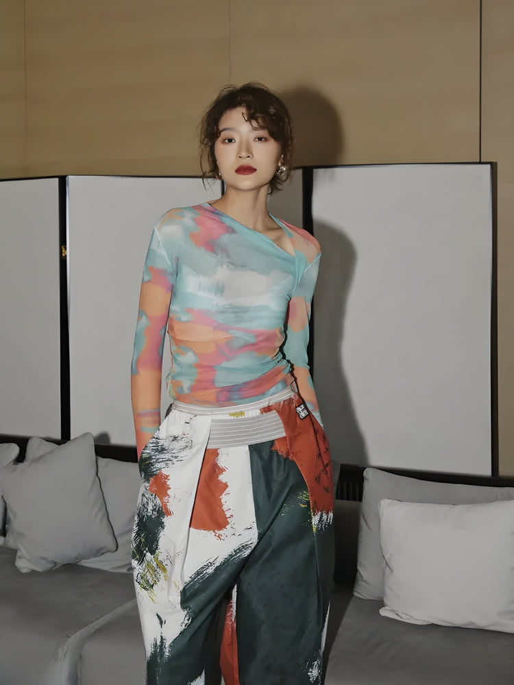 Y2K ASYMMETRIC NECKLINE MESH TOP
