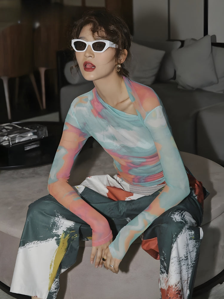 Y2K ASYMMETRIC NECKLINE MESH TOP
