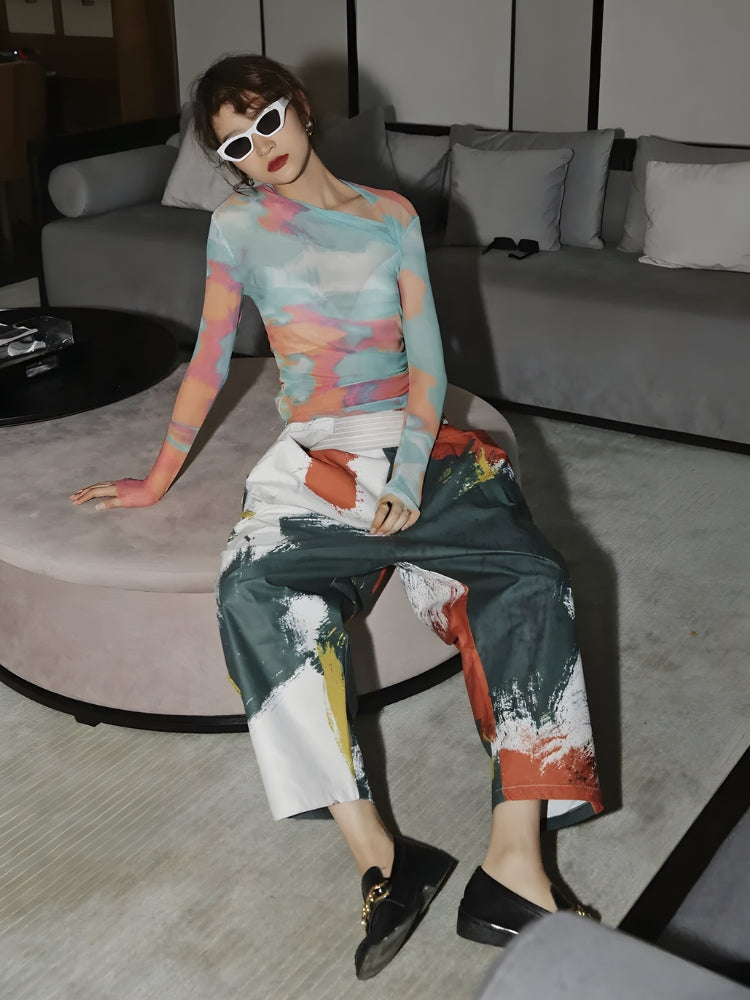 Y2K ASYMMETRIC NECKLINE MESH TOP
