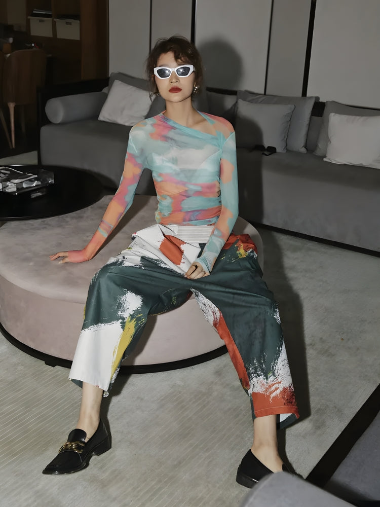 Y2K ASYMMETRIC NECKLINE MESH TOP