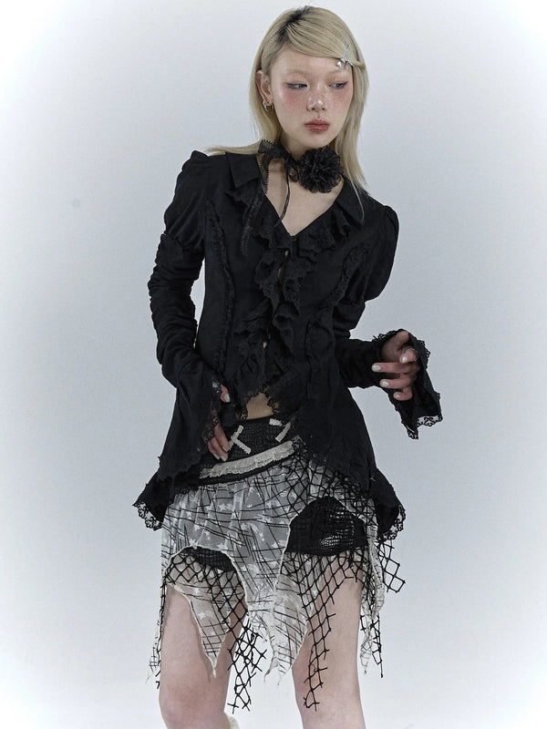 Y2K GOTH RUFFLED BLOUSE
