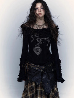 Y2K GOTH RUFFLED OFF SHOULDER TOP