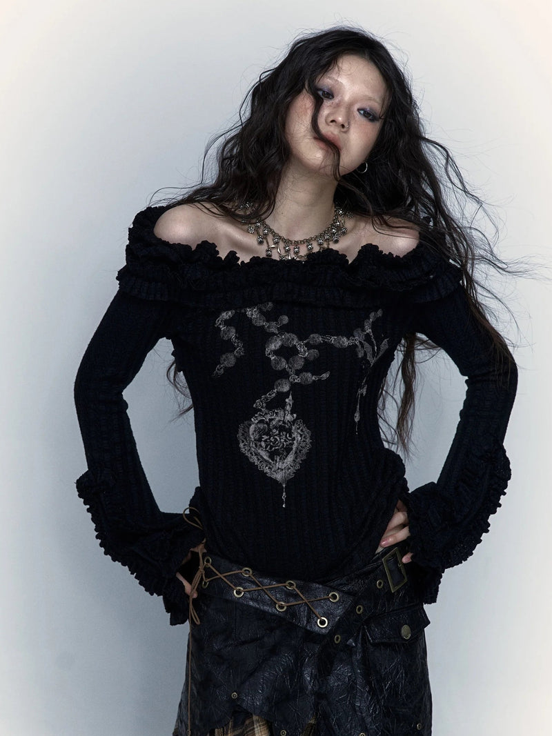 Y2K GOTH RUFFLED OFF SHOULDER TOP