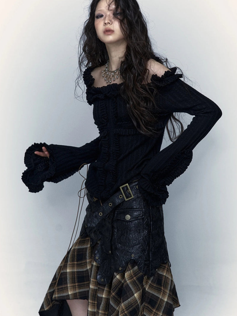 Y2K GOTH RUFFLED OFF SHOULDER TOP