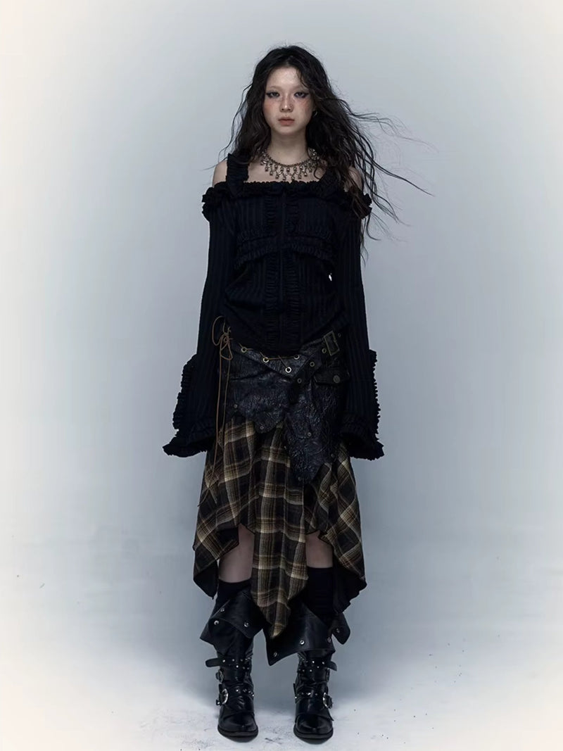 Y2K GOTH RUFFLED OFF SHOULDER TOP
