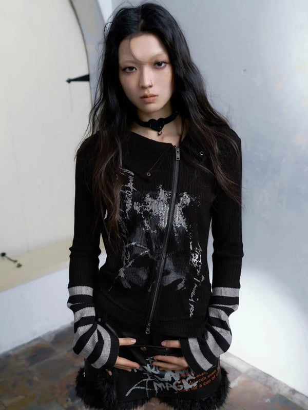 Y2K GRUNGE ASYMMETRIC ZIP-UP CARDIGAN