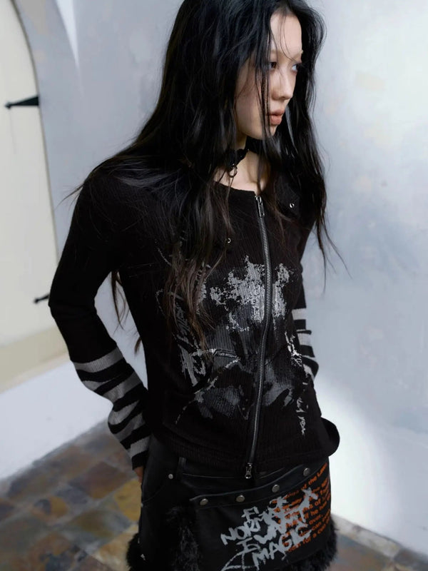 Y2K GRUNGE ASYMMETRIC ZIP-UP CARDIGAN
