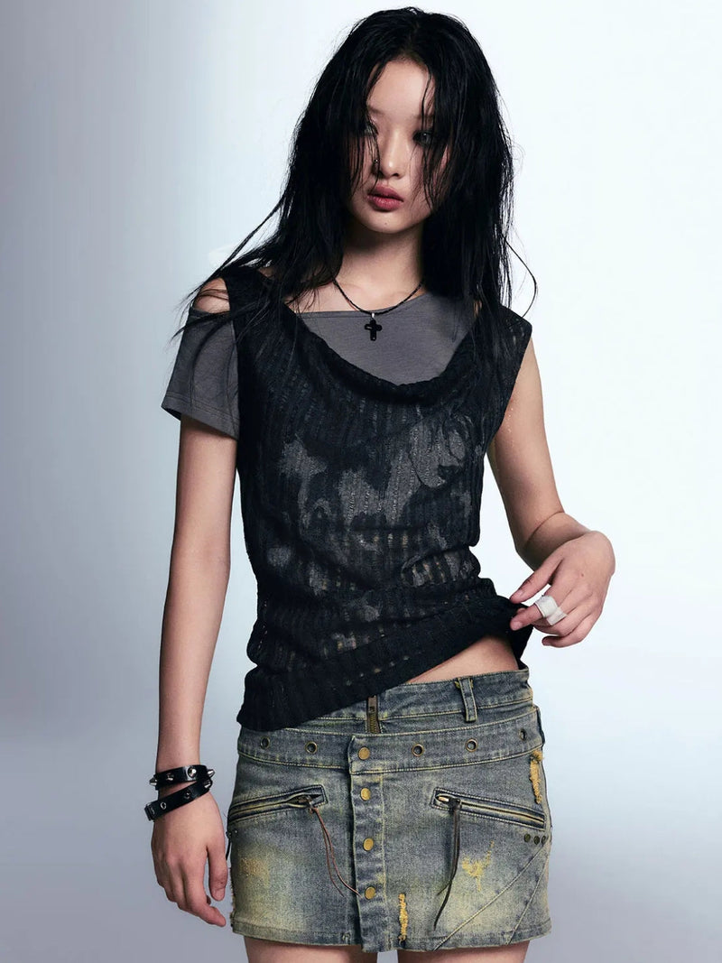 Y2K GRUNGE DISTRESSED LAYERED TOP
