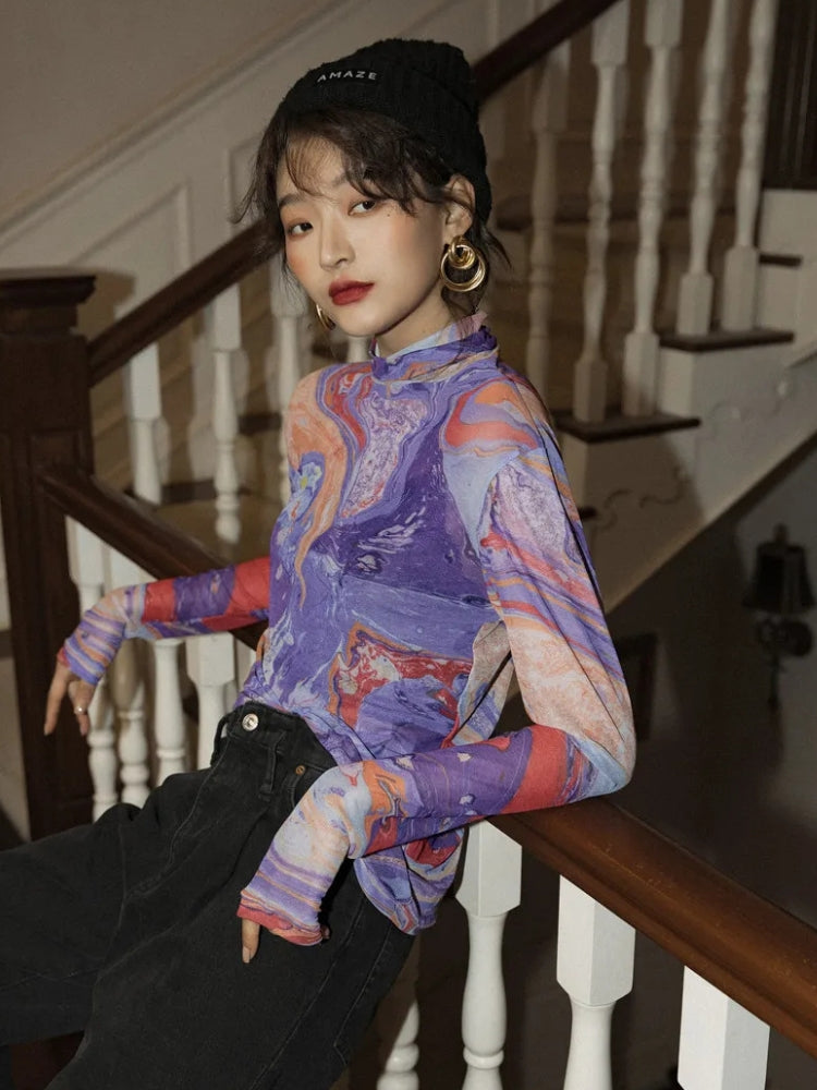 Y2K WATERCOLOR MESH TOP